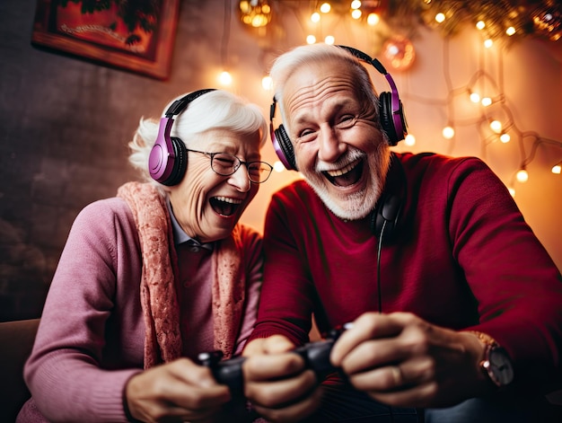 Niedliches pensioniertes grauhaariges Senior-Gamer-Paar in farbenfroher Kleidung, das lacht und Videospiele spielt