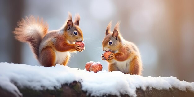 Niedliches rotes Eichhörnchen frisst eine Nuss im Winterwald