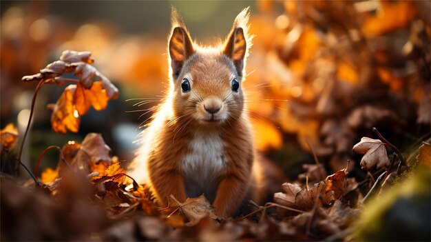 Niedliches rotes Eichhörnchen sitzt auf einem Ast im Herbstwald