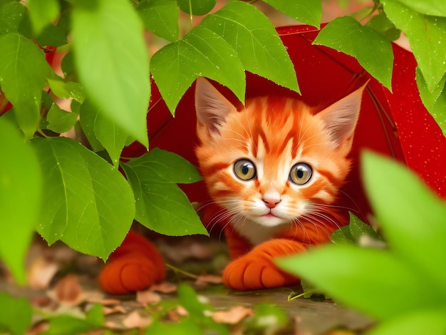 Niedliches rotes Kätzchen, das sich vor dem Regen unter den von der KI erzeugten Blättern versteckt