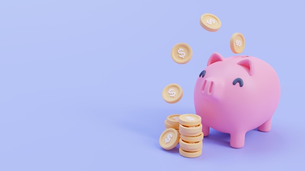 Niedliches Sparschwein zum Sammeln von Goldmünzen Sparideen für zukünftige Investitionen 3D-Illustration