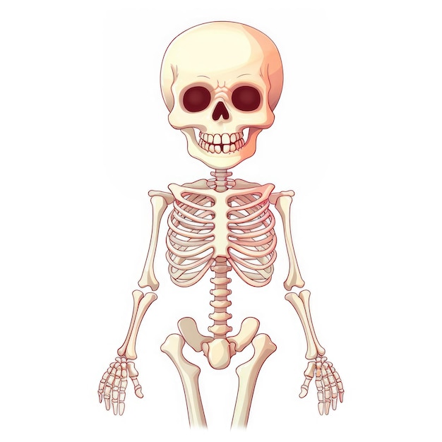 Niedlichkeit trifft auf Anatomie. Herrlich detailliertes menschliches Cartoon-Skelett auf weißem Hintergrund