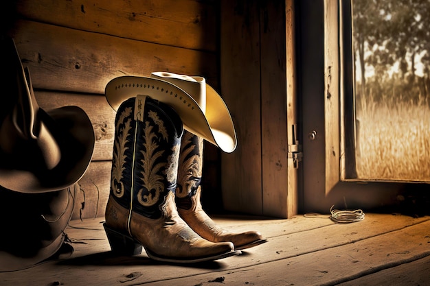 Niedrige Cowboystiefel zusammen mit Hutständer in der Scheune