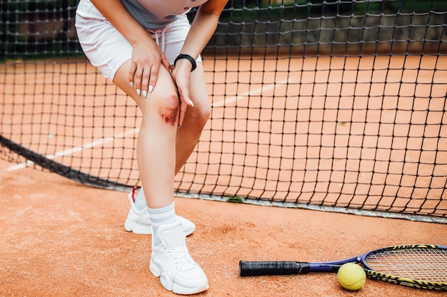 Niedriger Abschnitt der Frau Tennisschläger beim Leiden unter Knieschmerzen auf rotem Tennisplatz während des Sommers halten.