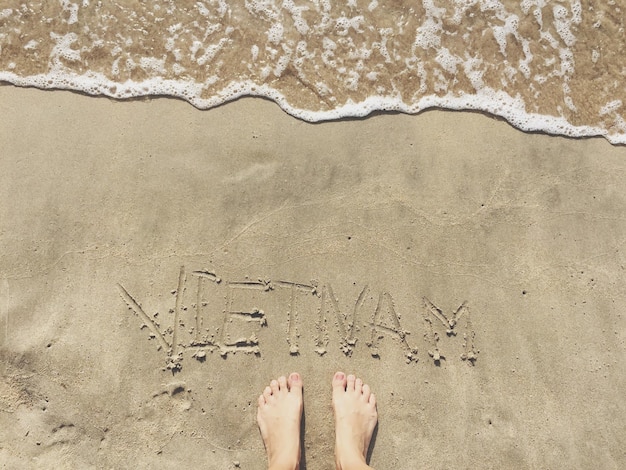 Niedriger Abschnitt einer Frau, die mit einem Text auf nassem Sand am Strand steht