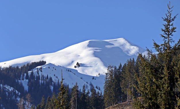 Niedriger Blickwinkel auf schneebedeckte Berge vor klarem blauen Himmel