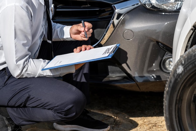 Niedriger Teil des Mannes, der sich die Einzelheiten der Autoversicherung notiert