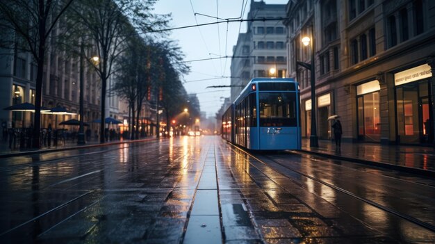 niedriger Winkel in der Innenstadt am Abend Regen mit künstlicher Intelligenz erstellt