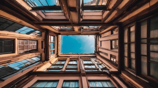 Niedrigwinkelansicht auf das Dachfenster in Hong Kong Wohn-Alte Architektur