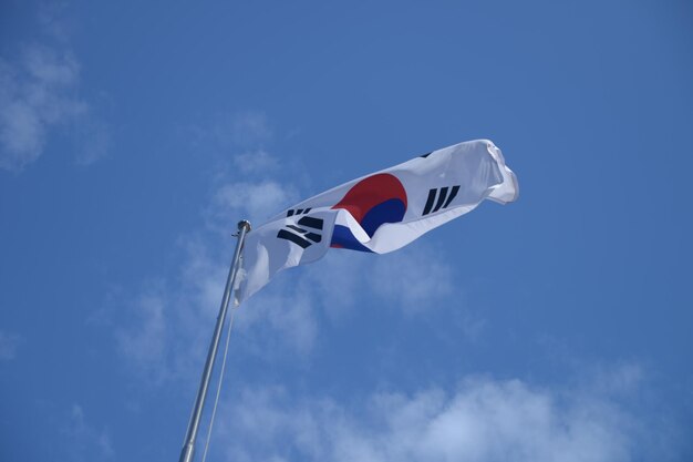 Niedrigwinkelansicht der Flagge vor blauem Himmel