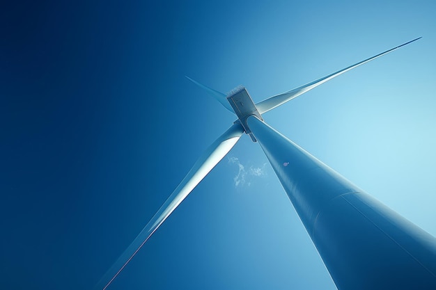 Niedrigwinkelansicht der Windturbine gegen den blauen Himmel Nachhaltigkeit erneuerbarer Energien und Konzept der Stromerzeugung