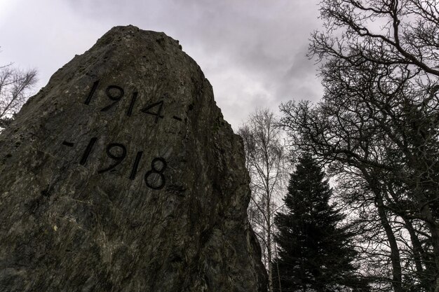 Niedrigwinkelansicht der Zahl auf dem Felsen gegen den Himmel