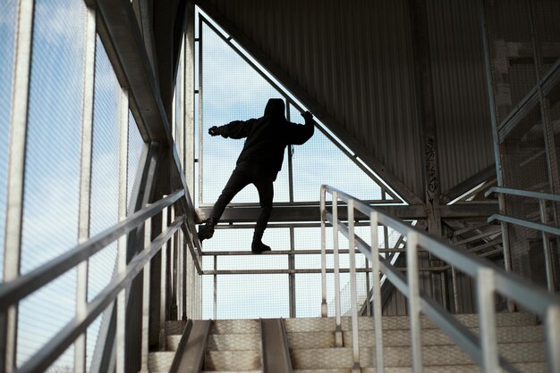 Foto niedrigwinkelansicht des silhouette-mannes, der auf der treppe des gebäudes steht