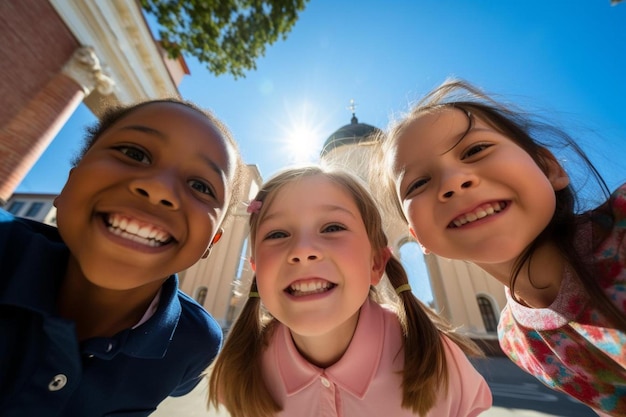 Niedrigwinkelansicht einer Gruppe gemischter Rassen, multiethnischer Klassenkameraden, Schulkinder, Kinder, die in