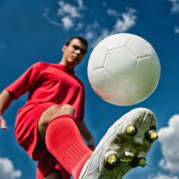 Niedrigwinkelansicht eines jungen Mannes, der gegen den blauen Himmel Fußball spielt