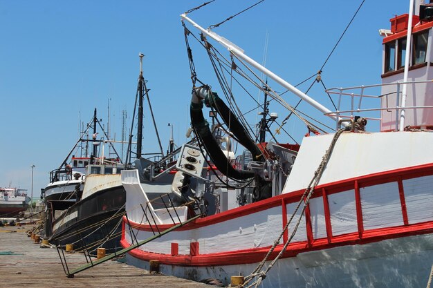 Foto niedrigwinkelansicht von booten, die am hafen vor klarem himmel verankert sind