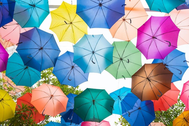 Foto niedrigwinkelansicht von mehrfarbigen regenschirmen