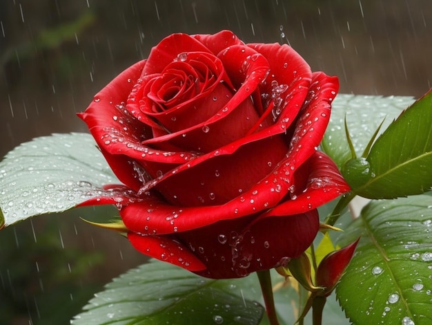 Nieselregen auf künstliche rote Rose