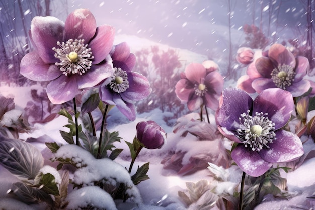 Nieswurz im Schnee Ein generatives KI-Bild von RoseColored des Evergreen Growth Spring Season