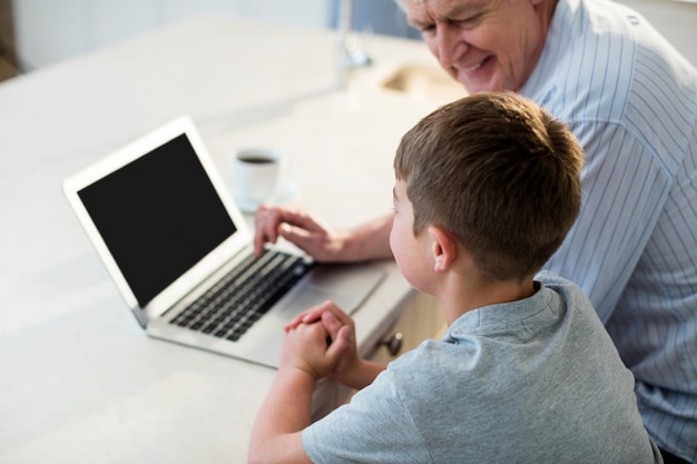 Nieto usando laptop con abuelo