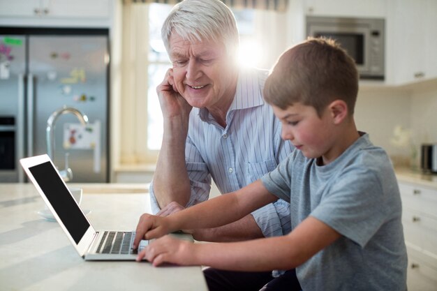 Nieto usando laptop con abuelo