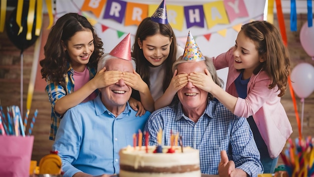 Los nietos felices cubriendo los ojos de sus abuelos en la fiesta de cumpleaños