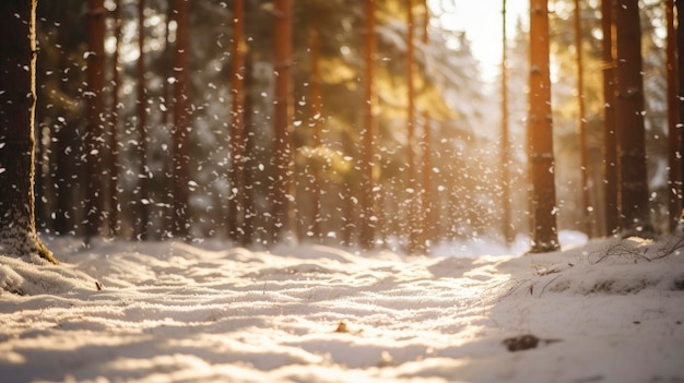 La nieve en el bosque de coníferas de invierno cerca de los rayos del sol del día brillante rompiendo a través de los árboles