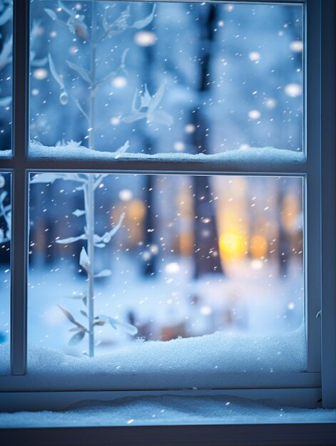 Nieve en el bosque de invierno en el fondo de la ventana
