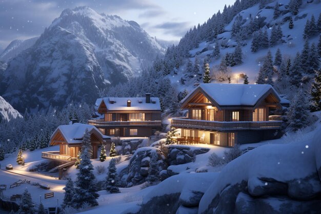 La nieve cae en los chalets de montaña