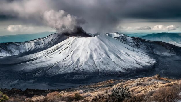 Foto nieve bajo ceniza volcánica en la cima del volcán etna en sicilia, italia