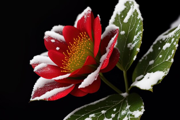 Nieve en una flor con un fondo negro