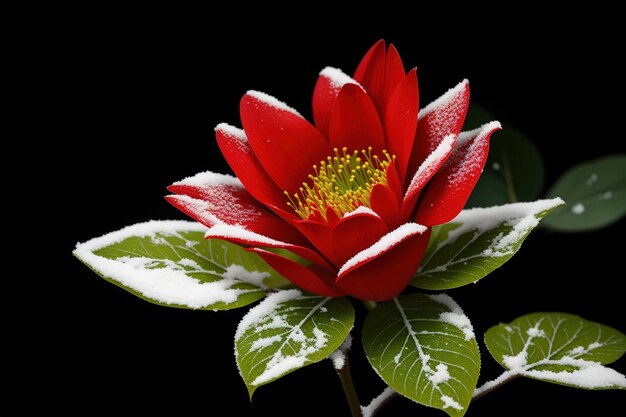 Nieve en una flor con un fondo negro