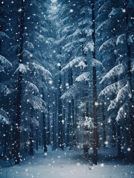 Nieve en invierno hermoso bosque de coníferas cerca de la noche con el árbol de Navidad en el centro