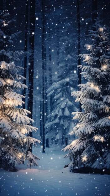 La nieve en invierno hermoso bosque de coníferas cerca de la noche con el árbol de Navidad decorado