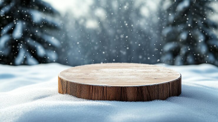 La nieve de invierno rodea un podio de madera el día de Navidad en un tranquilo paisaje nevado