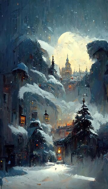 Nieve navideña en una noche fría ilustración 3D