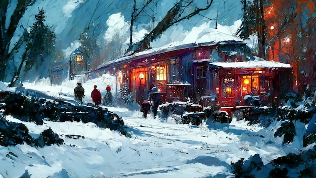Nieve navideña en una noche fría ilustración 3D