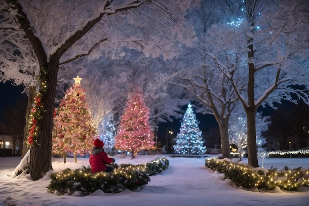 La nieve en un parque de invierno en la noche con la Navidad