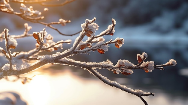 Nieve en la rama de un árbol con el sol brillando sobre ella