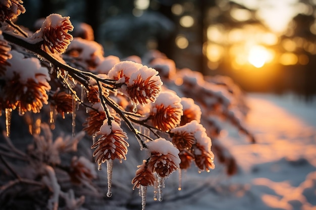 Nieve en una rama de pino con el sol brillando Paisaje de invierno con nieve Navidad Año nuevo