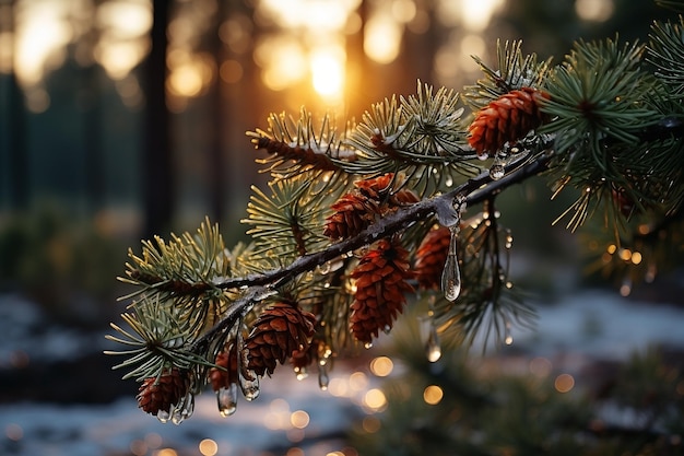 Nieve en una rama de pino con el sol brillando Paisaje de invierno con nieve Navidad Año nuevo