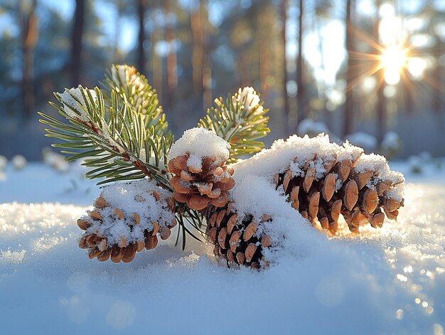 Foto nieve recién caída en una rama de pino