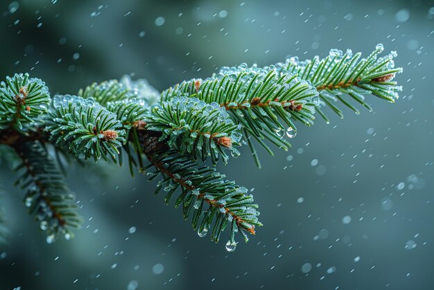 Foto nieve recién caída en una rama de pino