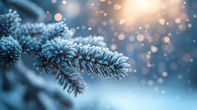 Foto nieve recién caída en una rama de pino