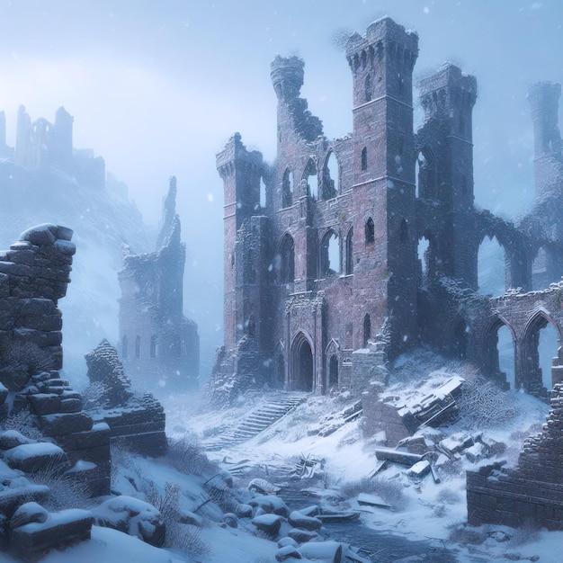 La nieve y las ruinas de un castillo abandonado generadas por la IA