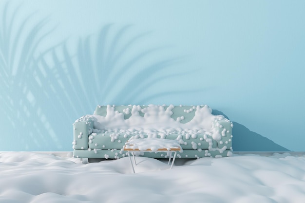Nieve sobre azul sofá moderno simple muebles y mesa en la habitación vacía abstracta 3D Rendering