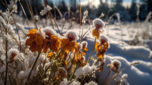 Nieve en el suelo y flores.