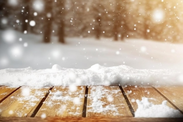 Nieve en una terraza de madera en invierno