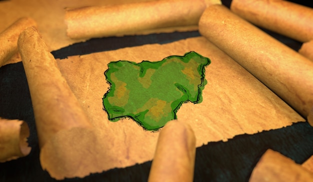 Nigeria Karte Malerei Entfaltung Alte Papierrolle 3D