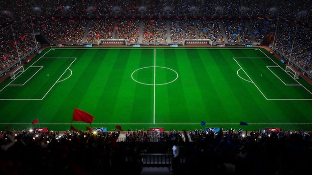 Foto night euro stadium arena campo vacío multitud de fanáticos banderas del equipo azul y rojo 4k render